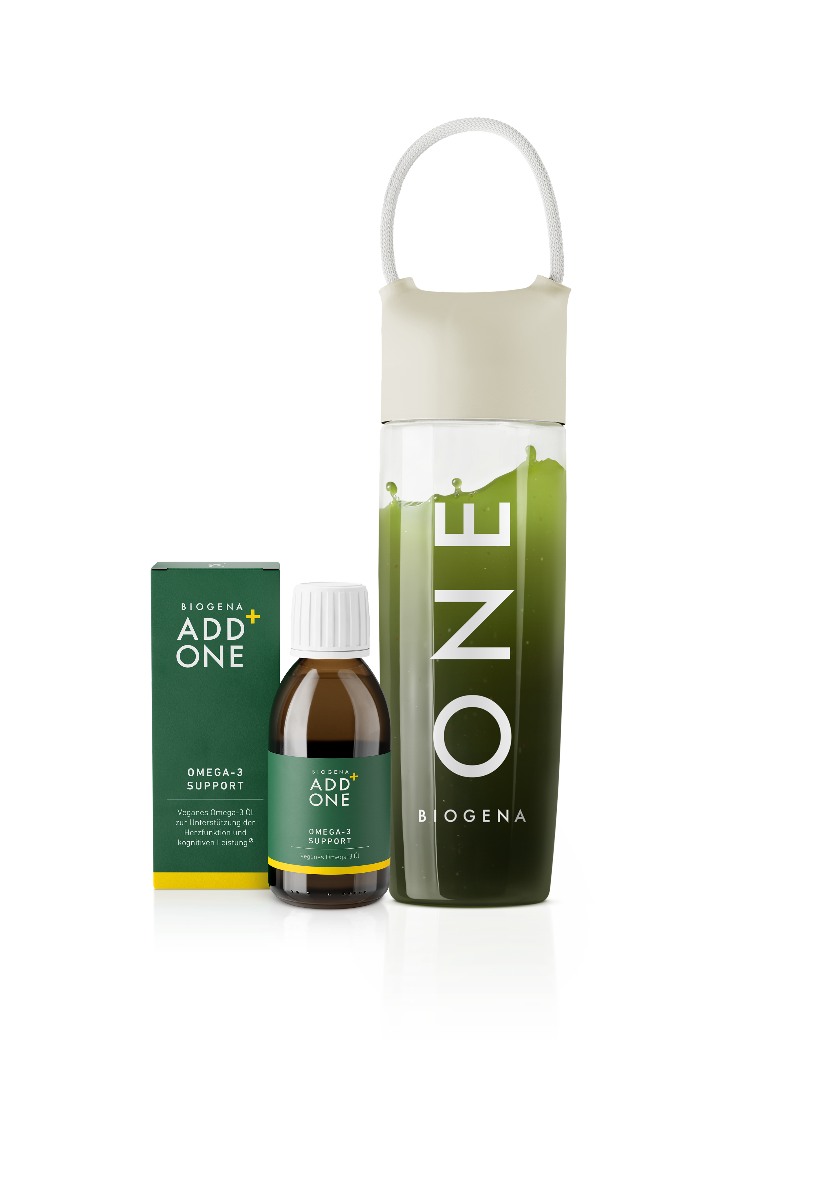 Biogena ADD ONE Omega-3 supplement bottle and box next to a green drink bottle.
