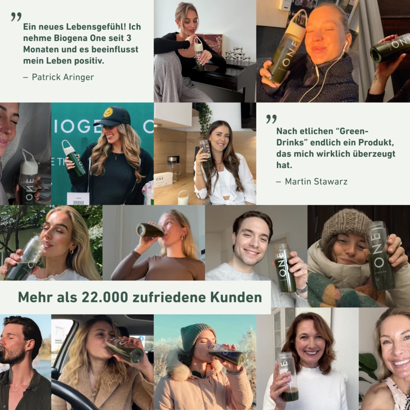 Collage of people holding and drinking from bottles labeled 'ONE' with text in German.