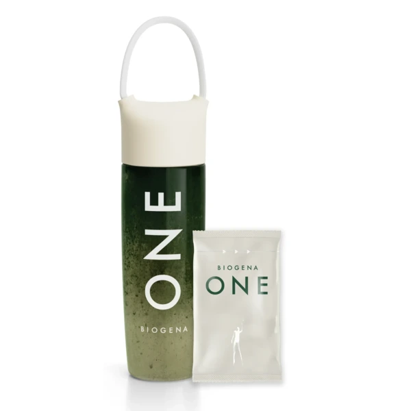 A bottle labeled 'ONE' with a matching packet beside it.