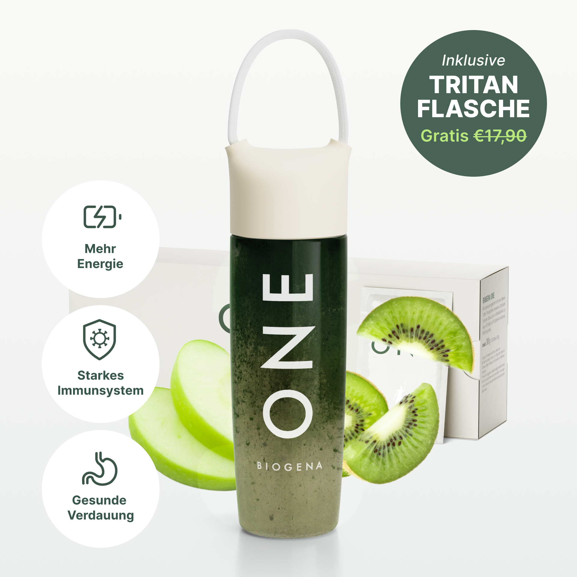 Collage of people holding and drinking from bottles labeled 'ONE' with text in German.