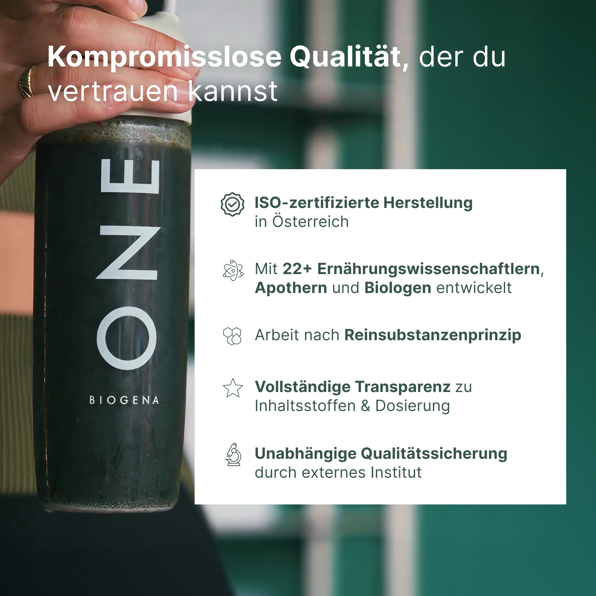 Collage of scientists, lab equipment, building, and team portraits with German text.