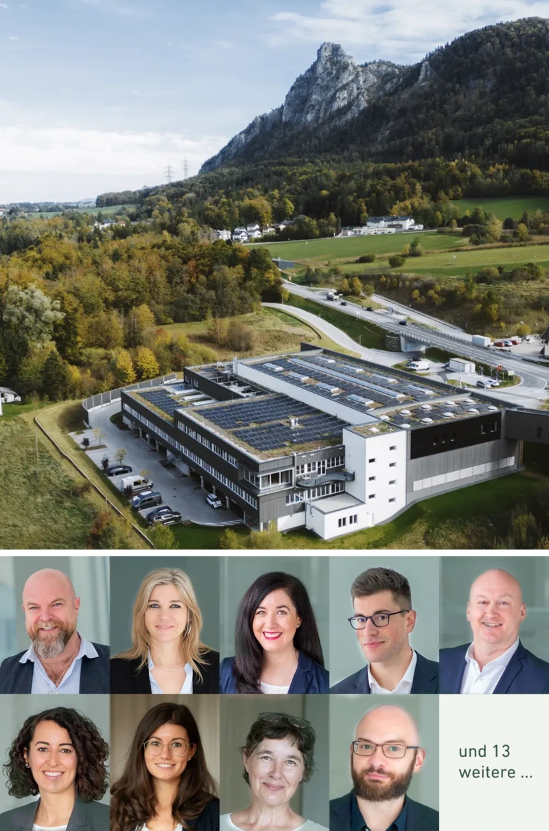 Aerial view of a building with solar panels, mountains, and portraits of eight people.