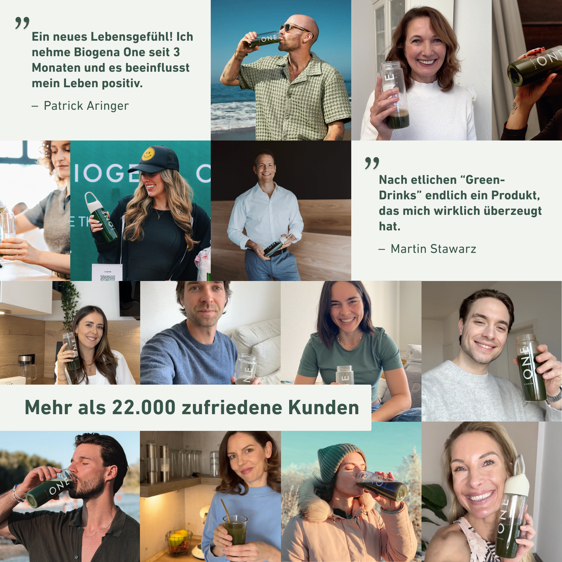 Collage of people holding and drinking from bottles labeled 'ONE' with positive testimonials in German.