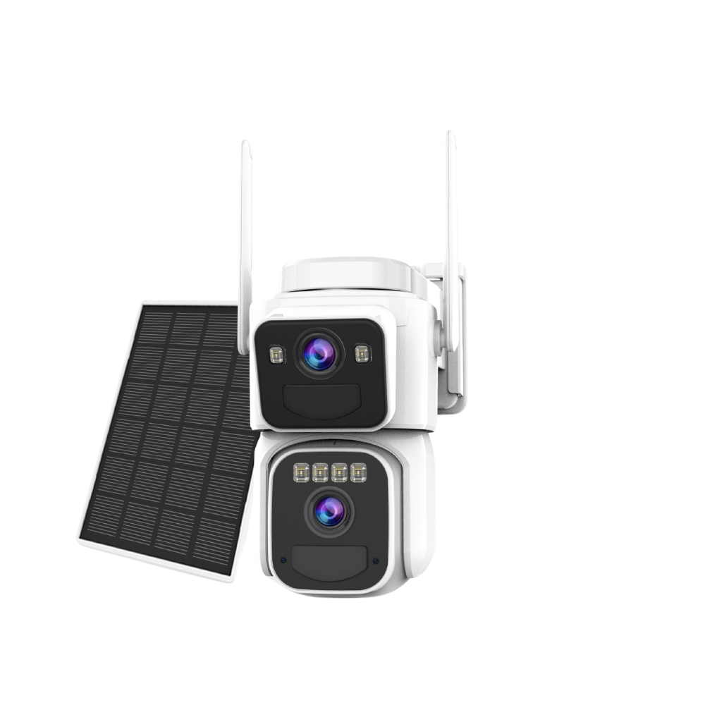 Outdoor security camera with dual lenses and a solar panel attachment.