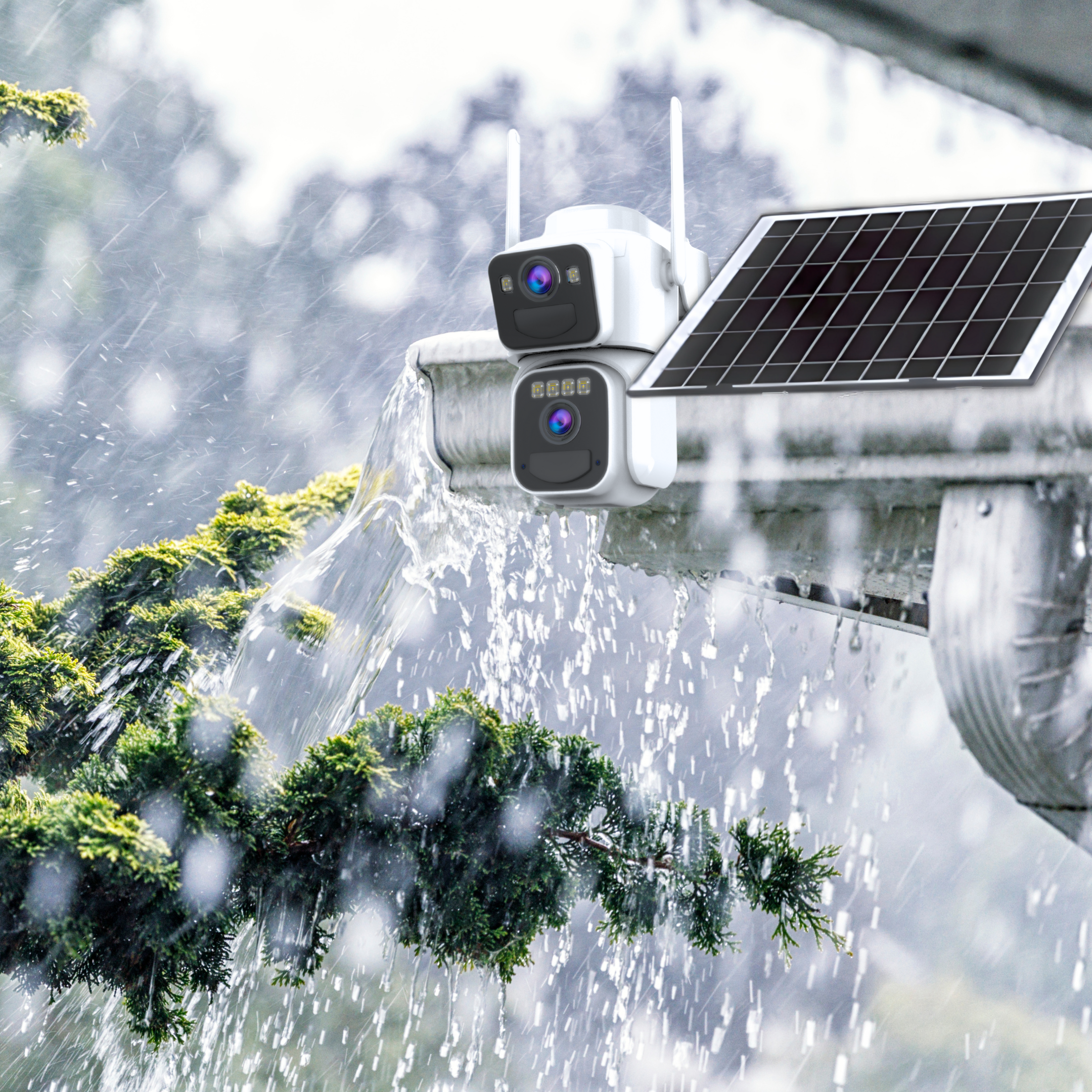 Security cameras with solar panels mounted on a gutter in heavy rain.