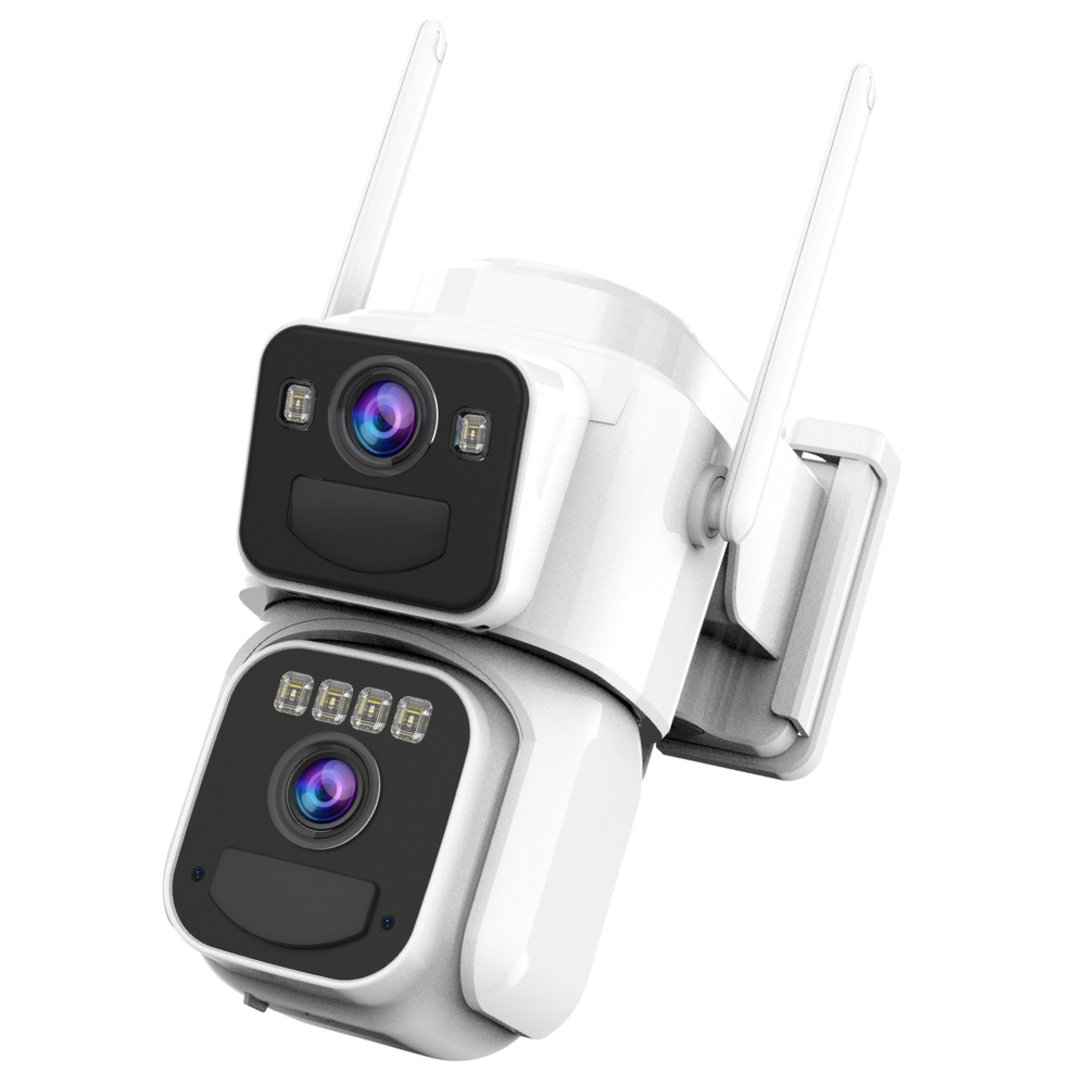 White dual-lens security camera with antennas, mounted on a bracket.