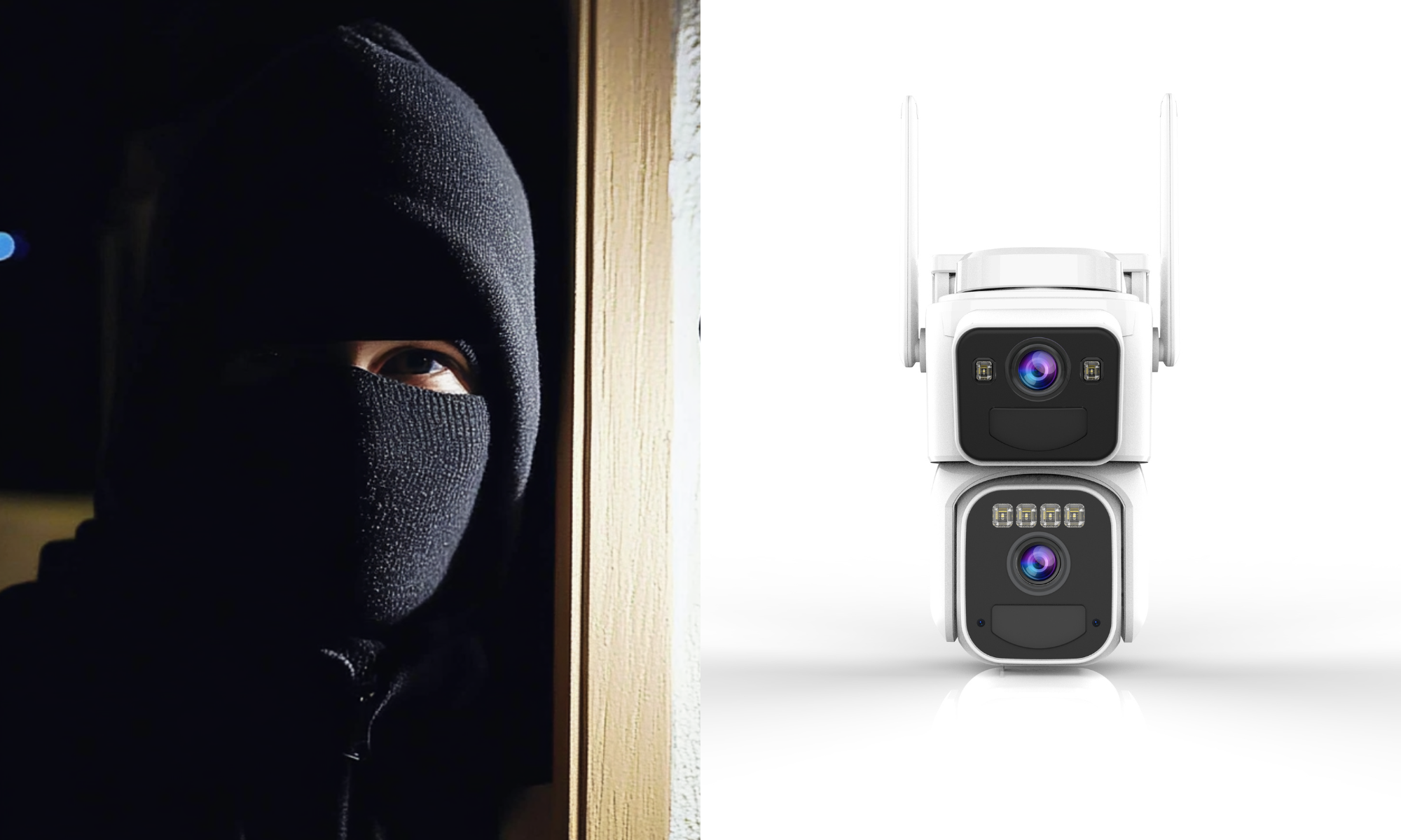 A masked person beside a surveillance camera with antennas.