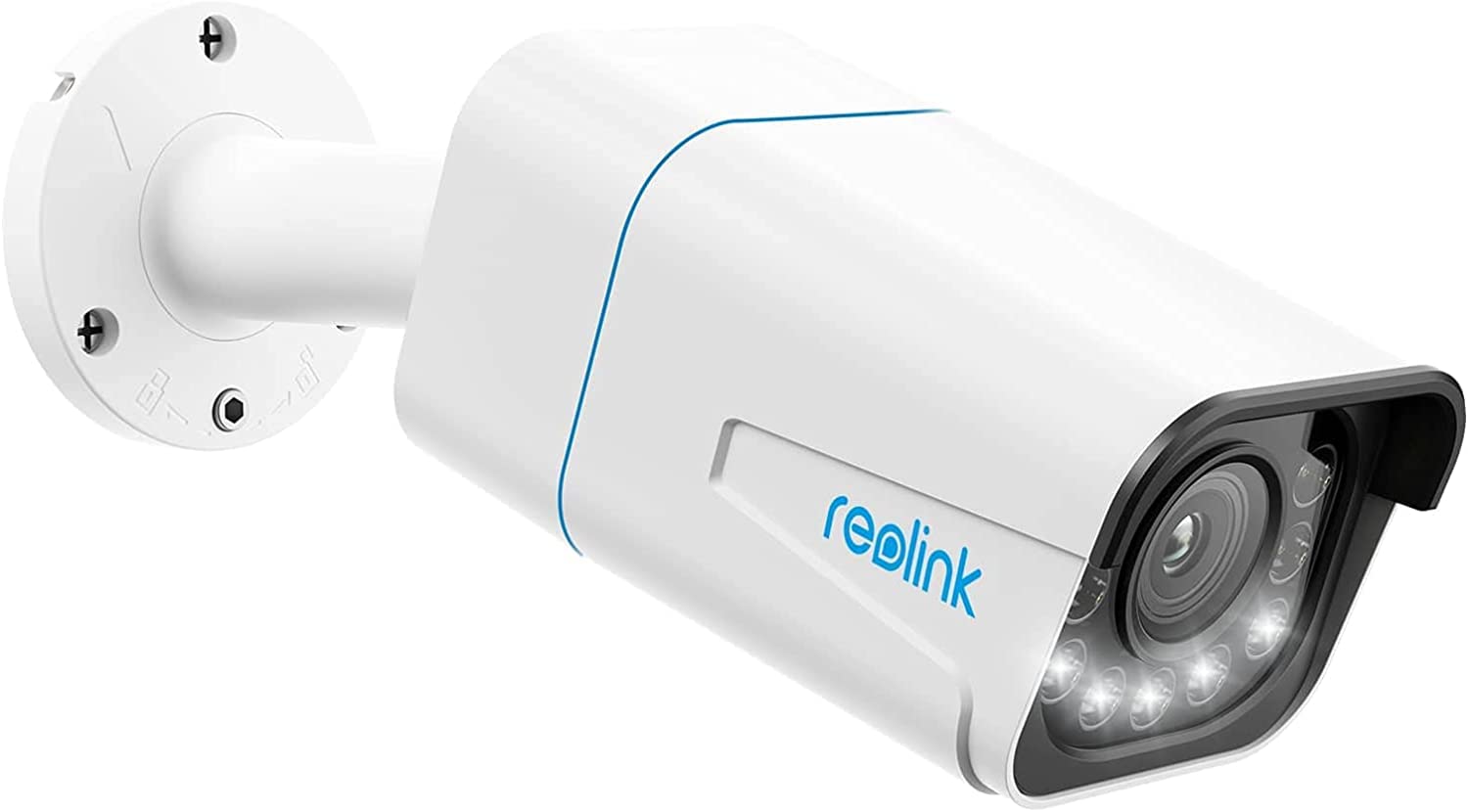 Outdoor security camera with multiple lenses and brand logo.
