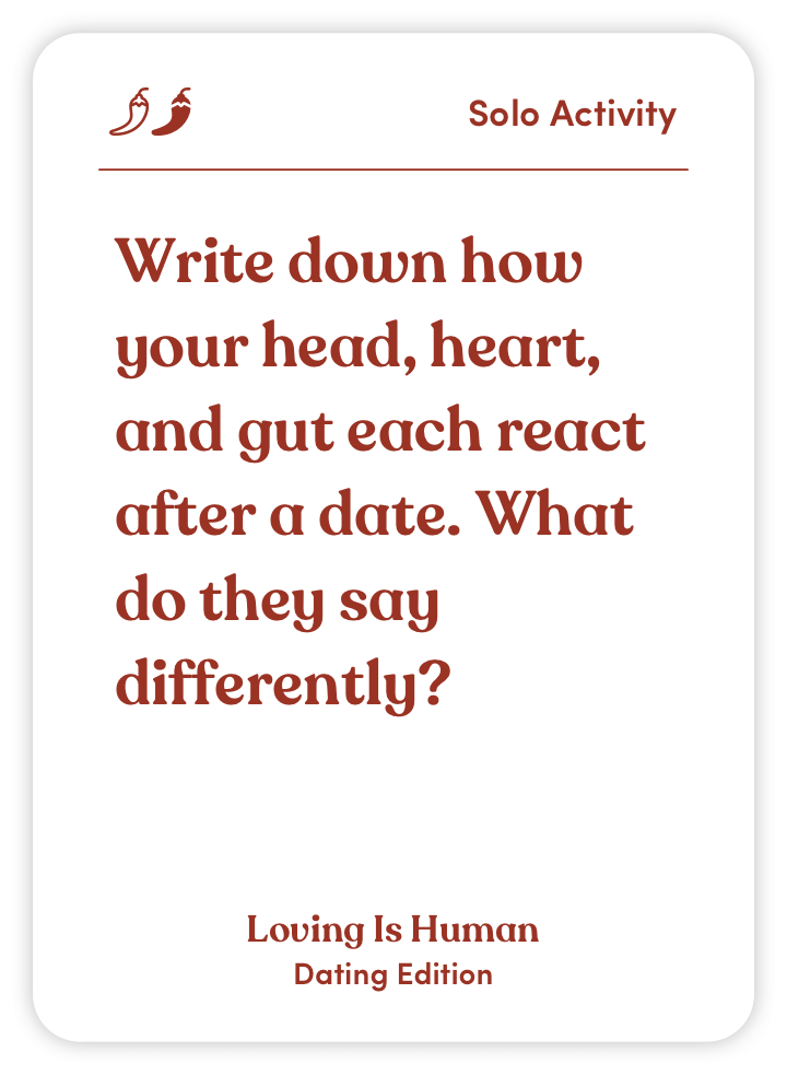 Card with text prompt about head, heart, and gut reactions after a date.