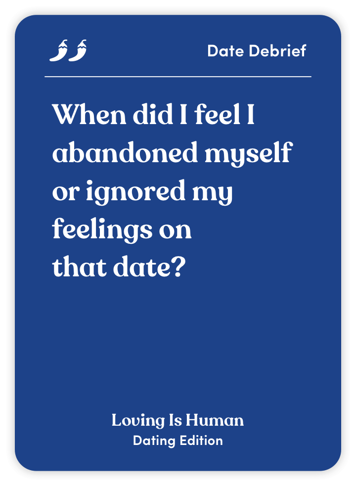 Blue card with text about self-reflection after a date.
