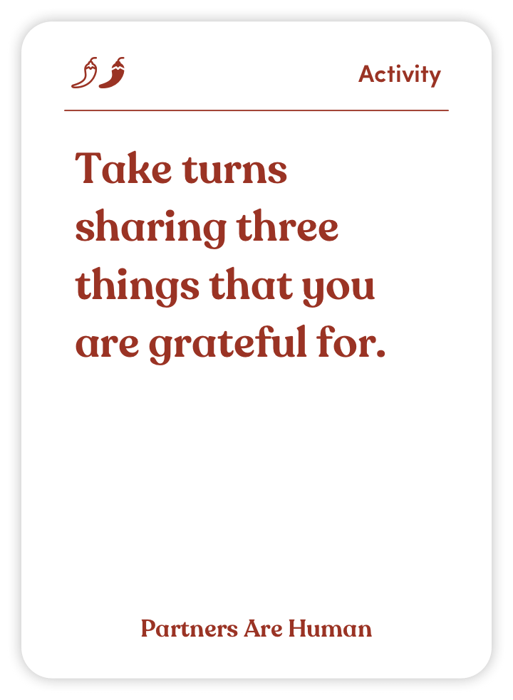 Card with text prompt about sharing things you're grateful for.