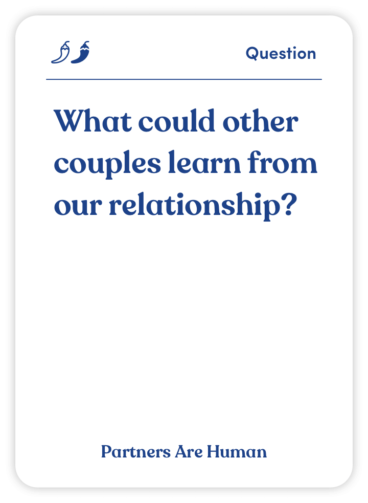 A card with the question: 'What could other couples learn from our relationship?' and logo of Partners Are Human.