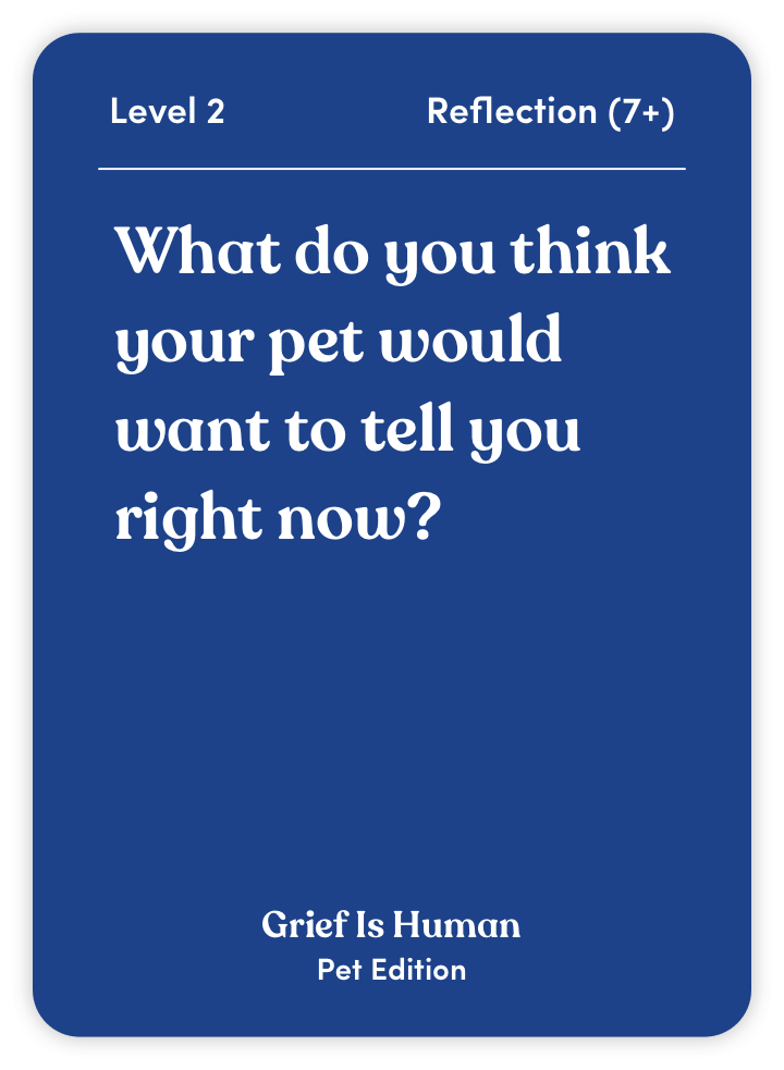 Card with text asking what your pet would say to you right now.