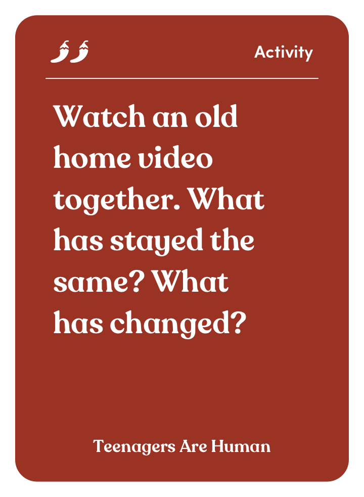 Red card with white text about watching an old home video together as an activity.