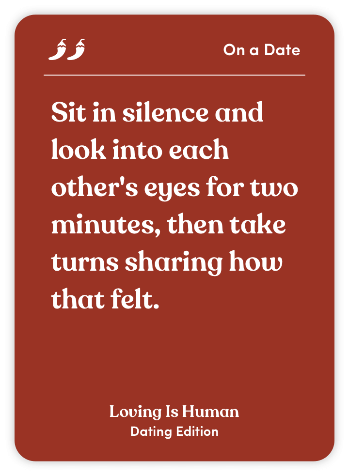 Card with dating activity instructions on a red background.