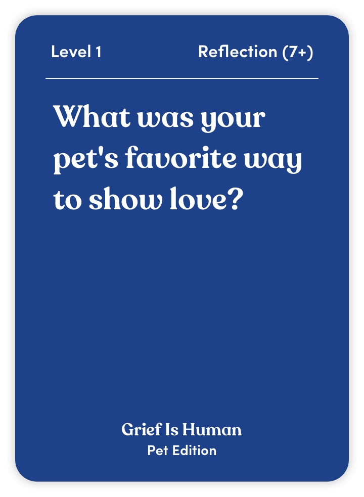 Blue card with text asking about a pet's favorite way to show love.