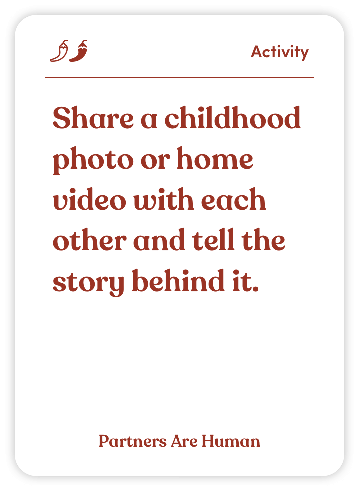 Card with activity prompt: Share a childhood photo or video and tell the story behind it.