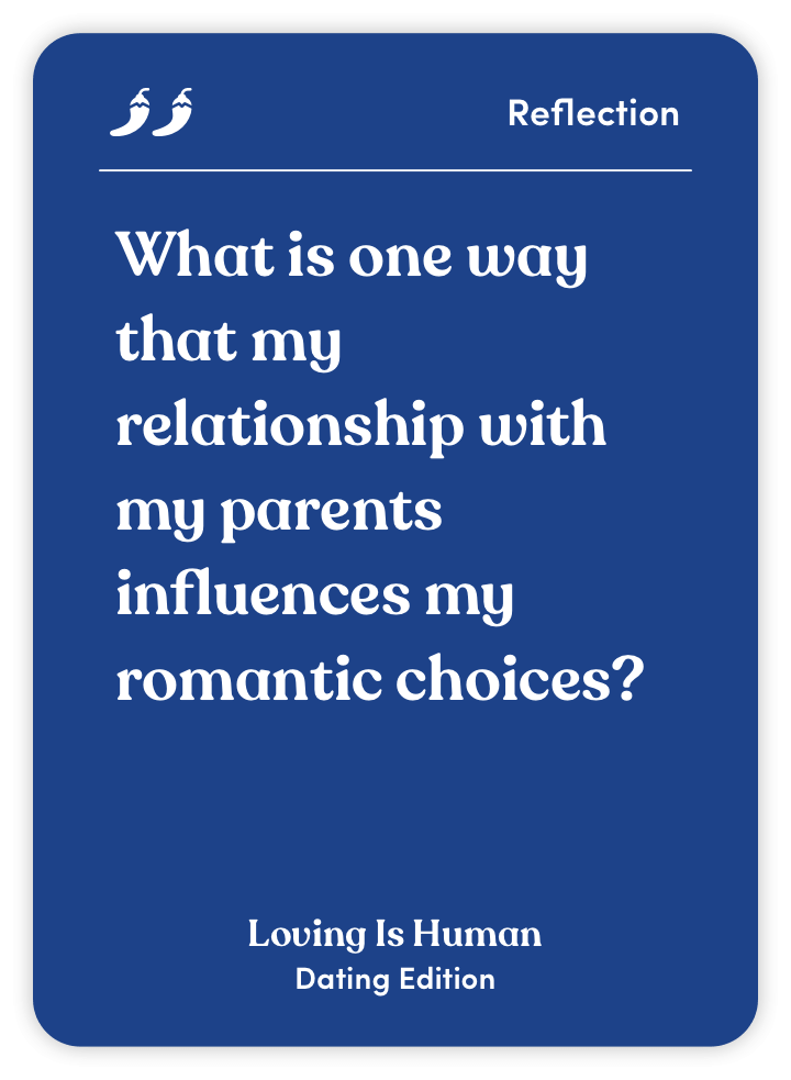 Blue card with text about parental influence on romantic choices.