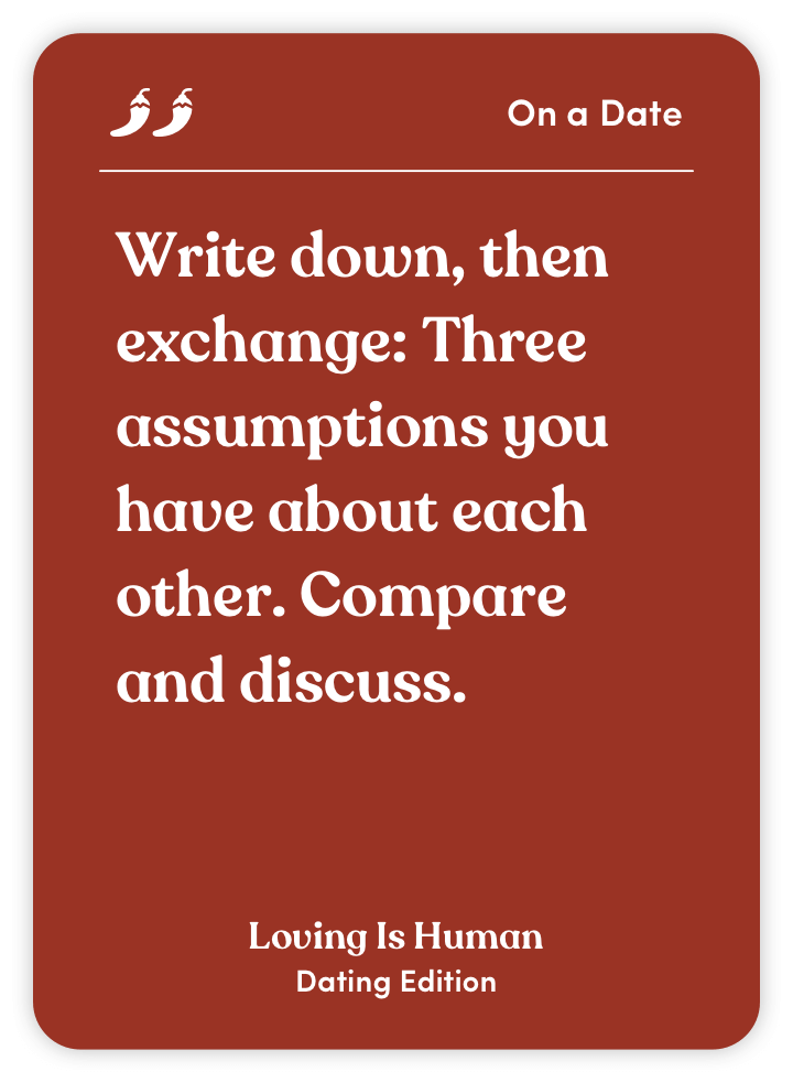 Card with prompt for couples to exchange assumptions about each other.