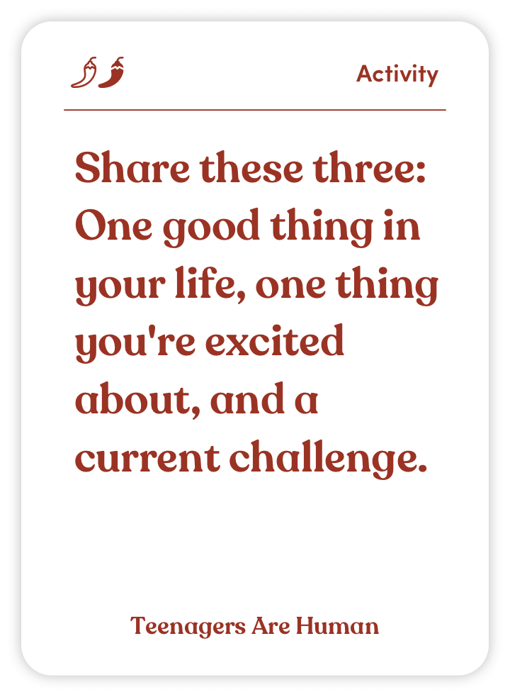 Card with activity prompt to share life aspects and a current challenge.