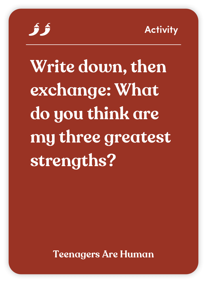 Red card displaying a reflective activity question about identifying strengths.