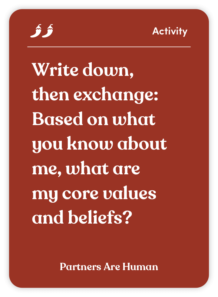 Text card with a reflective activity message about core values and beliefs.