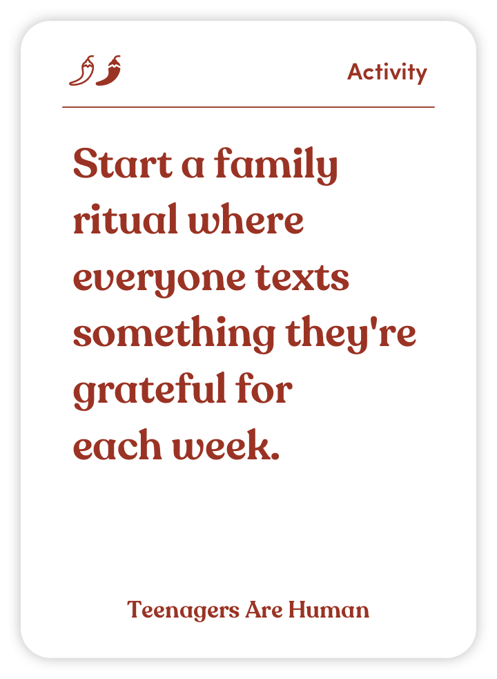Card with text suggesting a family gratitude text ritual.