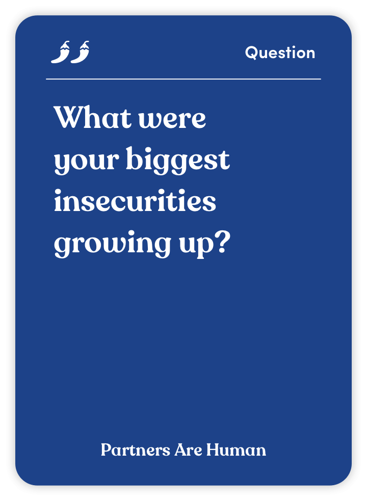 Blue card with white text asking about childhood insecurities, labeled 'Question.'