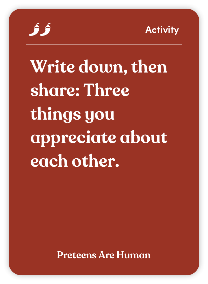 Red card with text prompt about sharing appreciation for each other.
