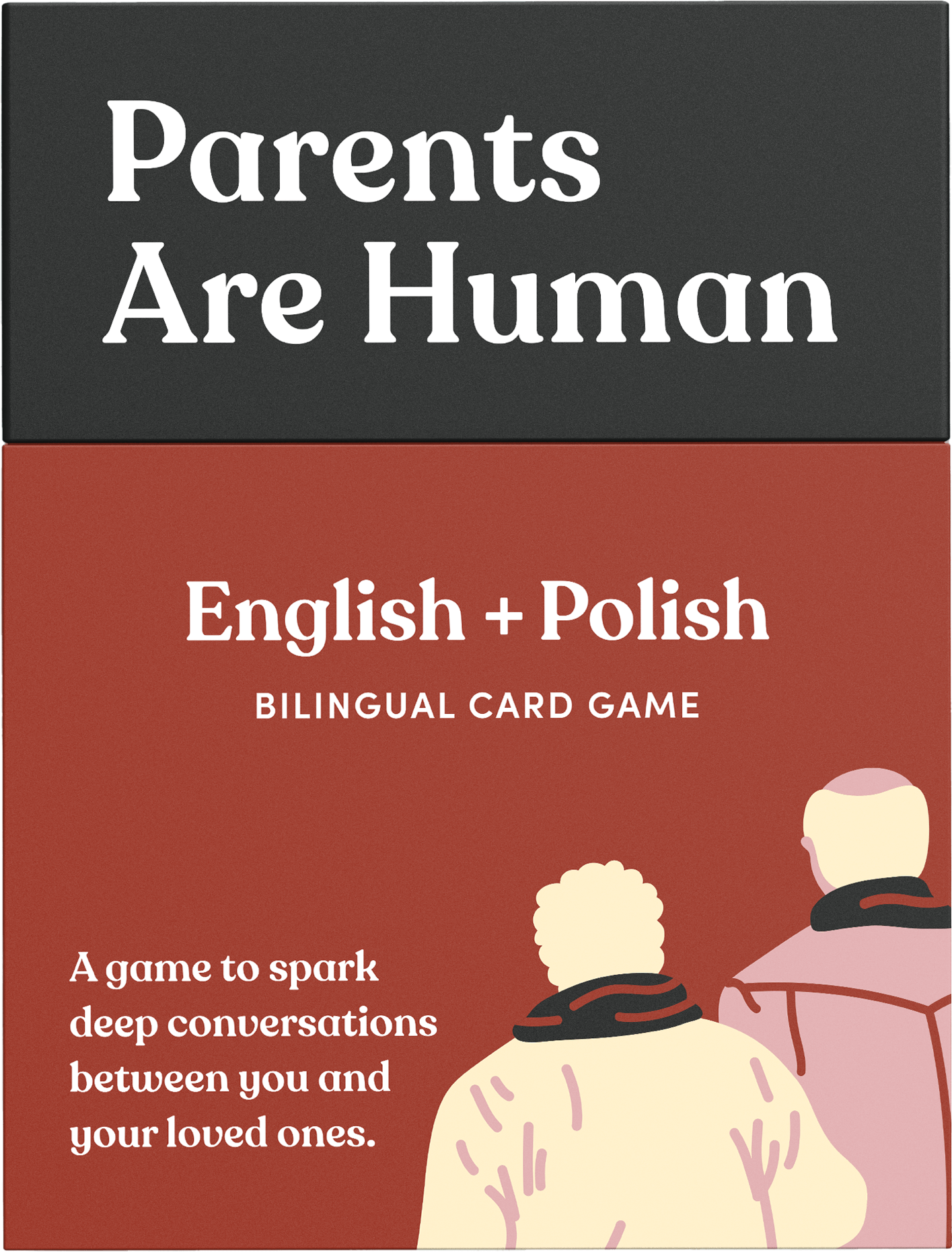 Box cover of a bilingual card game titled 'Parents Are Human' in English and Polish.