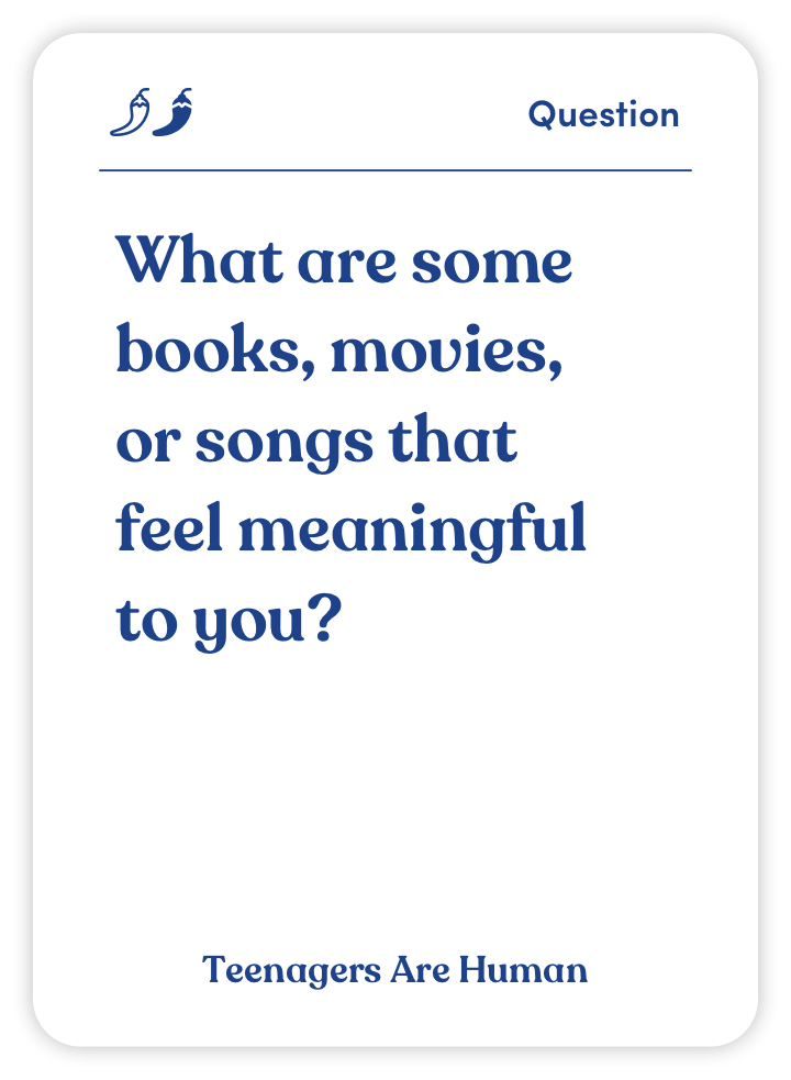 A question card asking about meaningful books, movies, or songs.