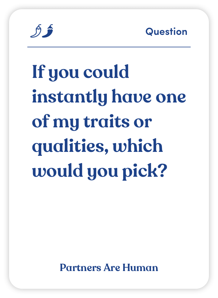 Card with a question about choosing traits or qualities.