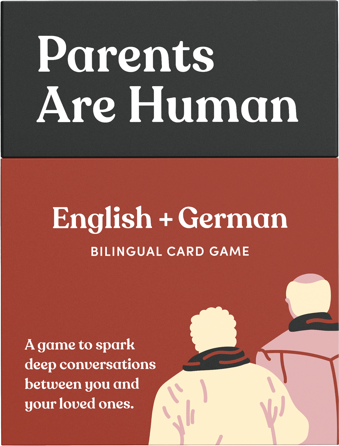Bilingual card game cover with silhouettes and text about sparking conversations.