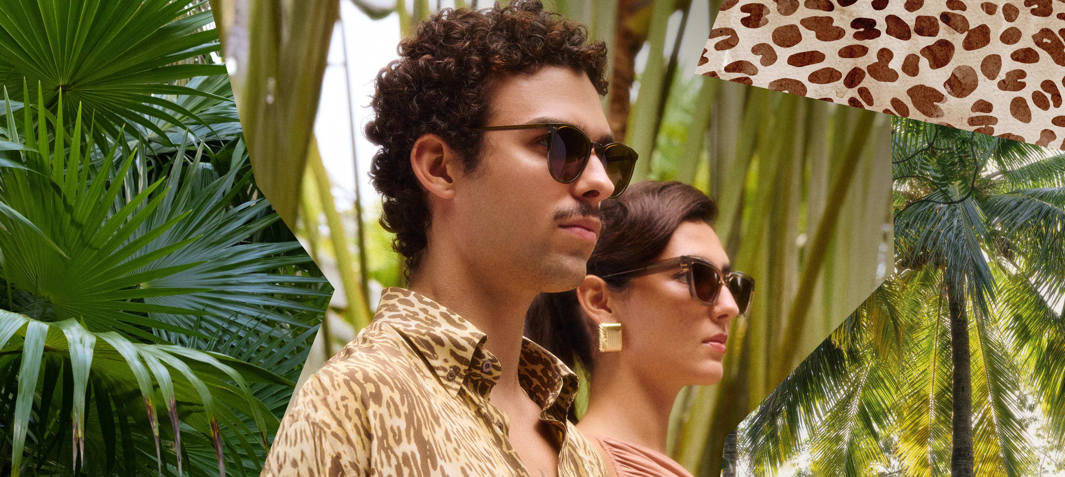 Collage représentant un homme et une femme portant des lunettes de soleil, entourés de feuilles tropicales, de palmiers et d'imprimés animaliers.