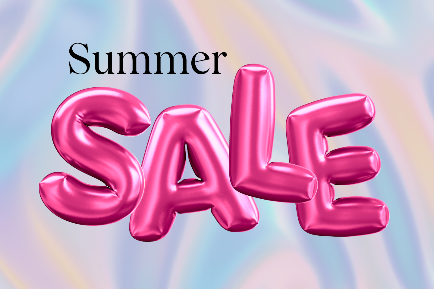 Pink balloon letters spelling 'SALE' with 'Summer' above on a pastel background.