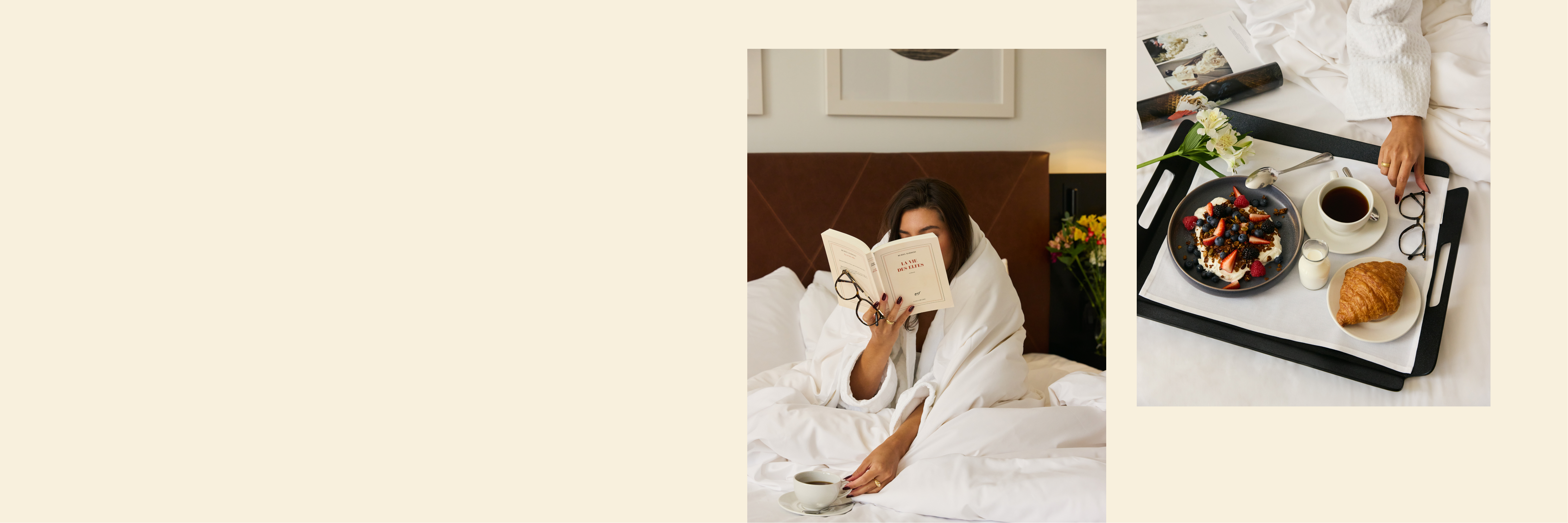 Un collage représentant une femme en train de lire au lit et un gros plan sur un plateau de petit-déjeuner.