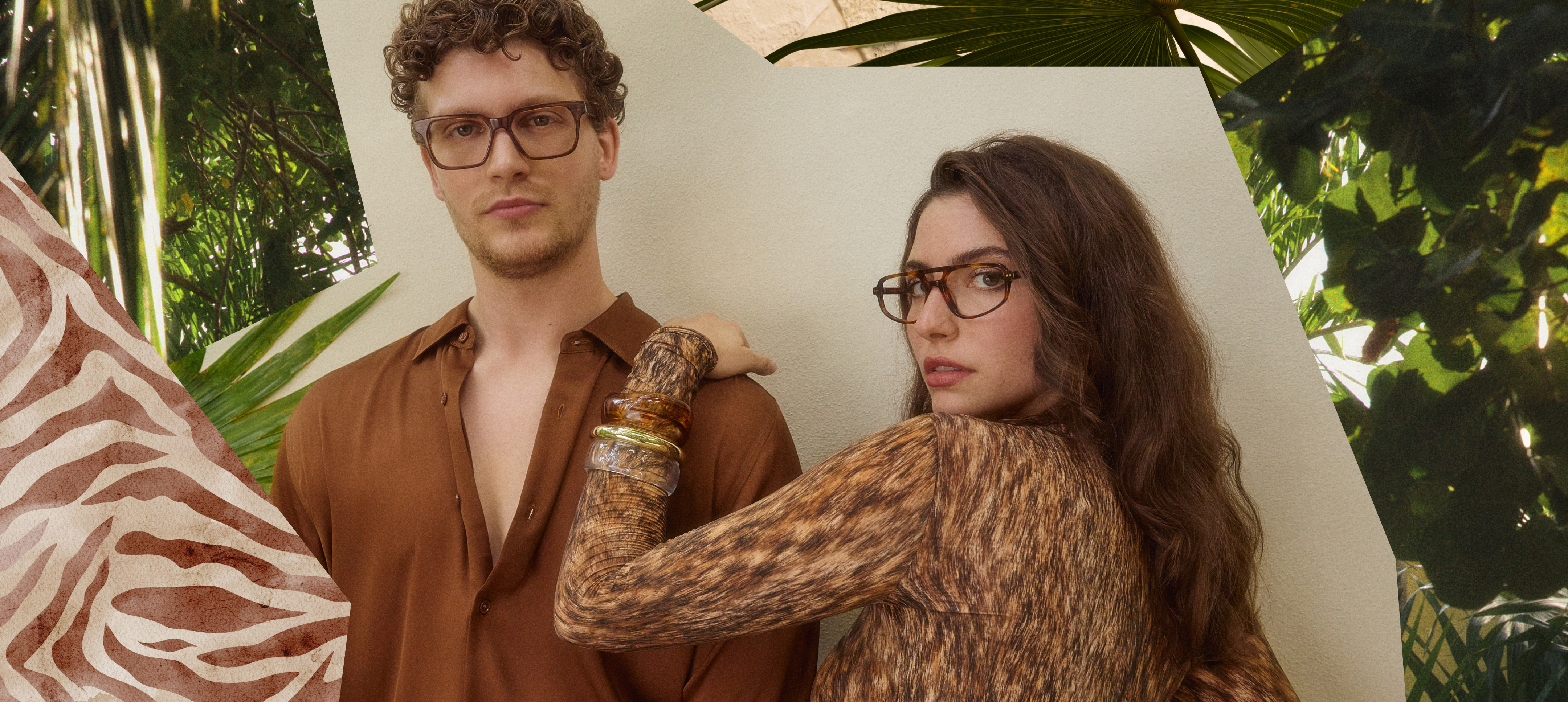 A man and woman wearing glasses pose in a collage of jungle foliage and animal prints.