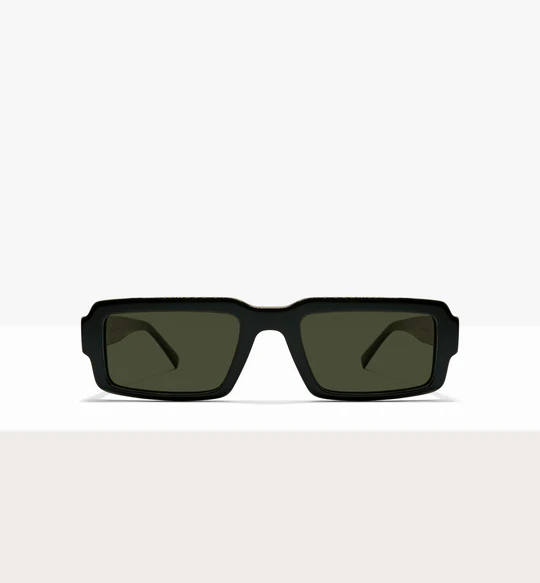 A pair of black rectangular sunglasses with dark lenses, shown front-on against a plain white background.