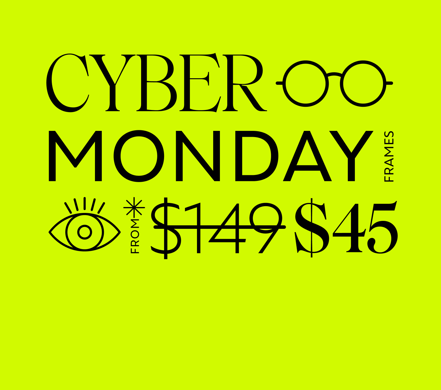 Cyber Monday eyewear sale banner on bright green background.