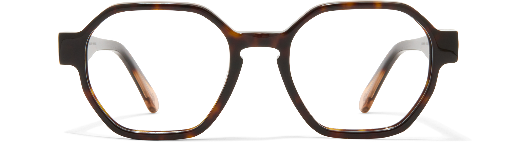 Tortoiseshell eyeglasses with a geometric frame, viewed from the front.
