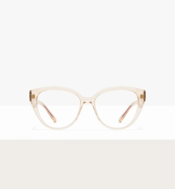A pair of translucent, light pink cat-eye eyeglasses with clear lenses on a white background.