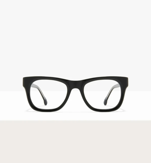 A front view of a pair of black-framed eyeglasses with clear lenses against a white background.