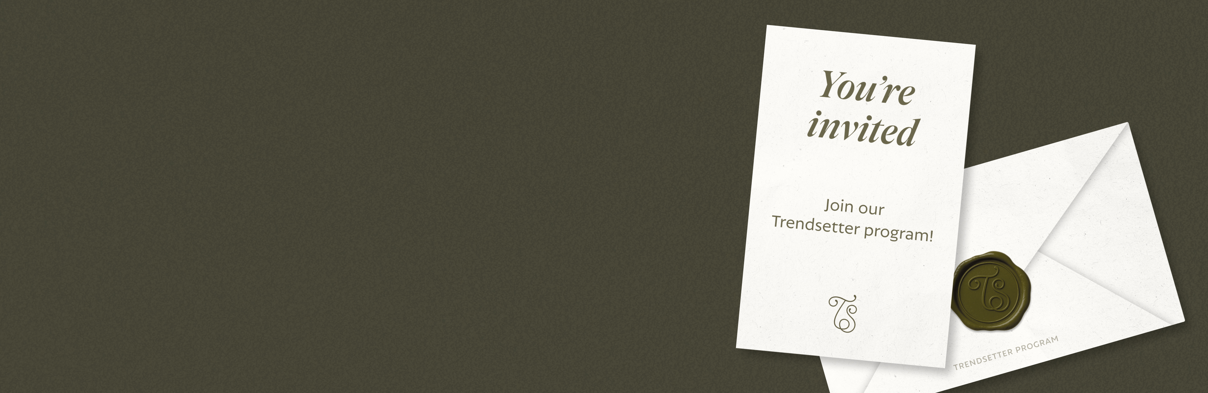 An invitation card and wax-sealed envelope for the Trendsetter program on a dark green background.