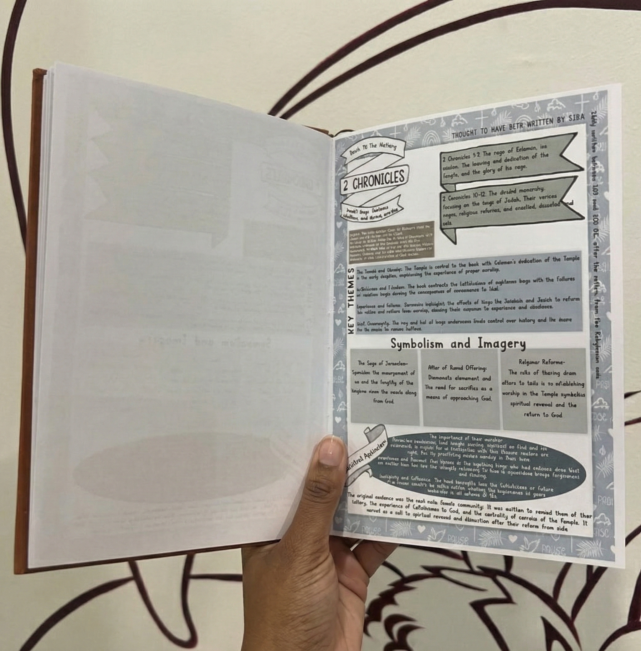 A hand holds open a book with illustrated study notes on the biblical book of 2 Chronicles.