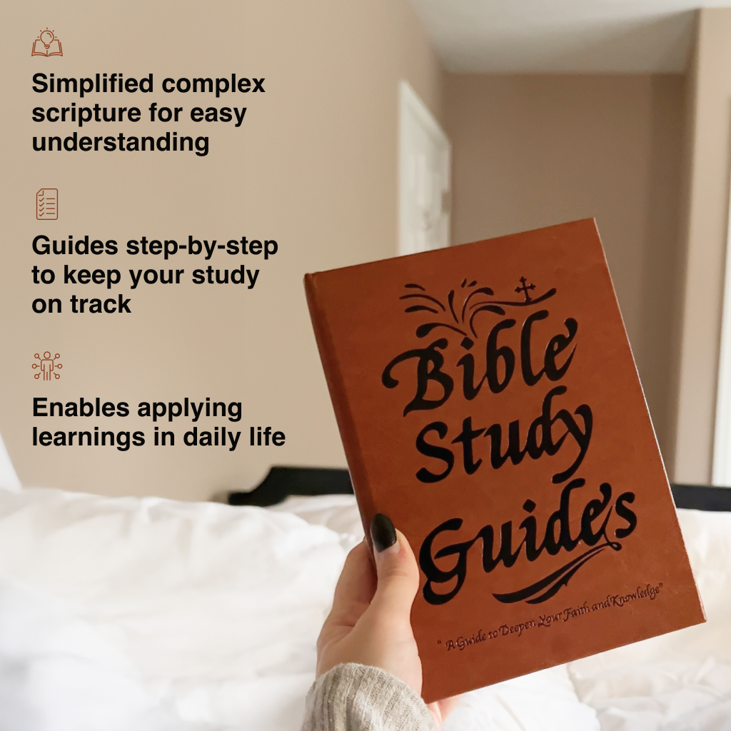 A person's hand holding a brown book titled 'Bible Study Guides' while sitting in bed.