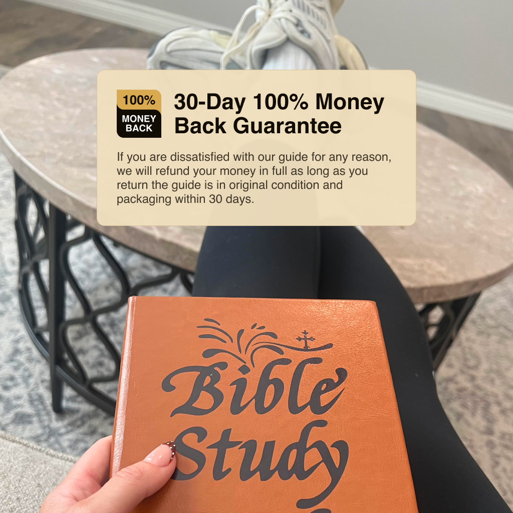A person holding a Bible Study guide with a '30-Day 100% Money Back Guarantee' graphic overlaid.