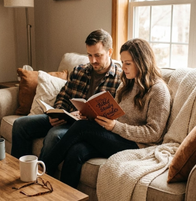 A couple sitting on a sofa reading books with a window in the background.