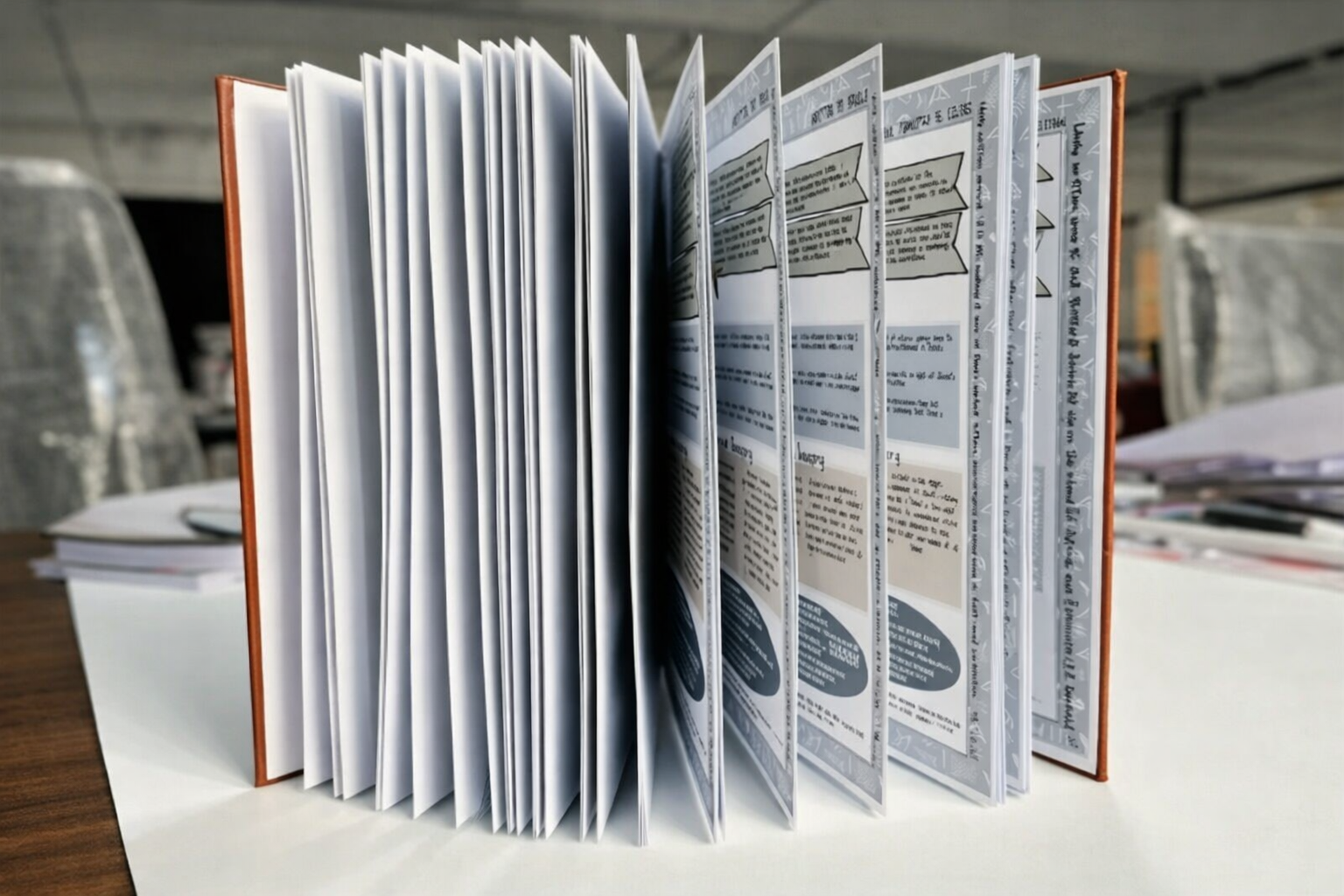 A close-up of an open book with a reddish-brown cover, standing on a desk with its pages fanned out.
