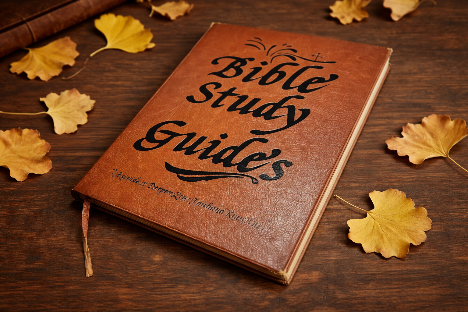 A brown book titled 'Bible Study Guides' lies on a wooden table surrounded by yellow ginkgo leaves.