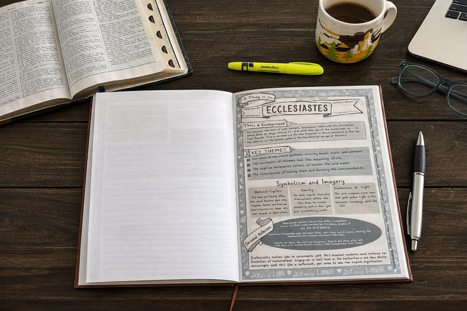 An overhead view of a wooden desk with a Bible, a notebook with notes, a laptop, and coffee.